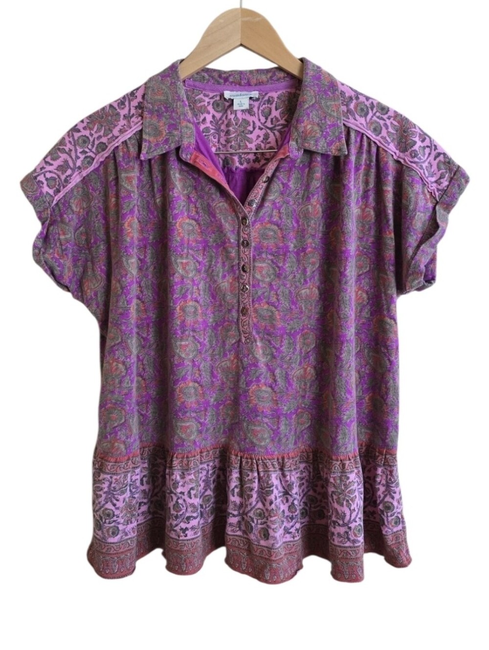 Sundance Lorena Pink Paisley & Floral Peplum Henley Ruffle Blouse. Size Large